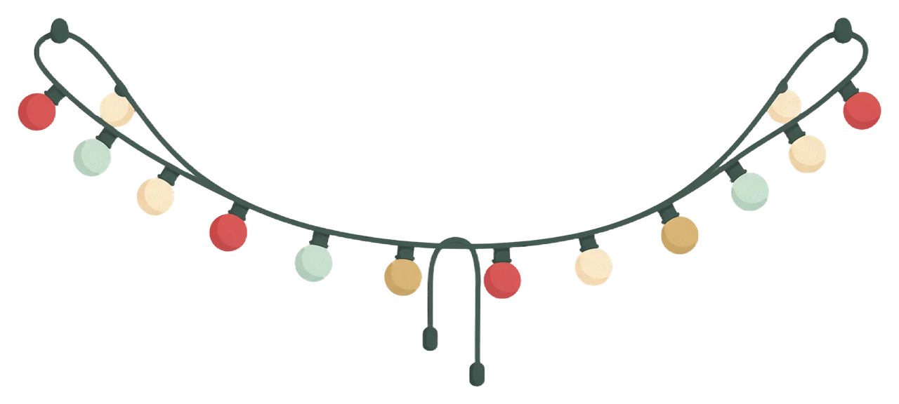 A flat vector illustration of a swagged Christmas light string with red, mint, cream and gold round bulbs on dark green wire.