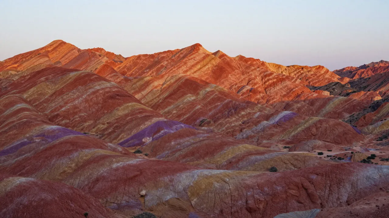 Layered desert mountains with red and purple geological bands glow under a soft pale sunset sky