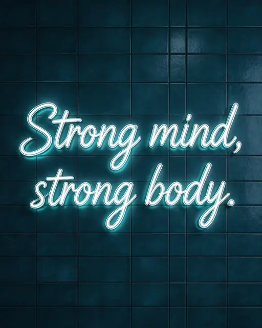 Glowing white neon sign reading "Strong mind, strong body." mounted on a dark teal tiled wall