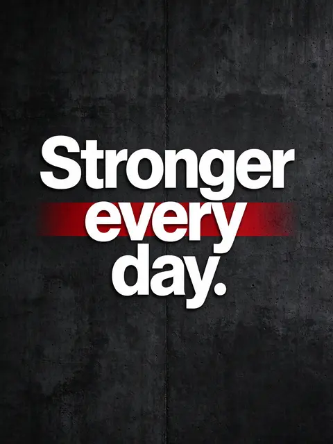 Bold text reading "Stronger every day." with a red stripe on a dark textured concrete wall background