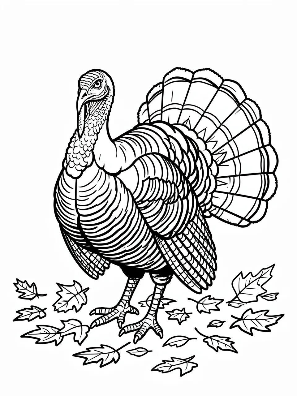 Bold black and white line art of a strutting turkey standing among scattered fallen autumn leaves