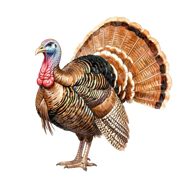 Watercolor illustration of a wild turkey with fanned tail feathers standing on a plain white background