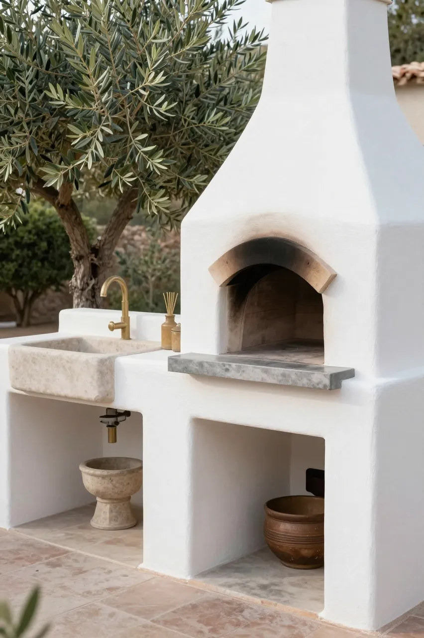 Whitewashed stucco outdoor kitchen with wood fired oven, stone sink, and surrounding olive trees
