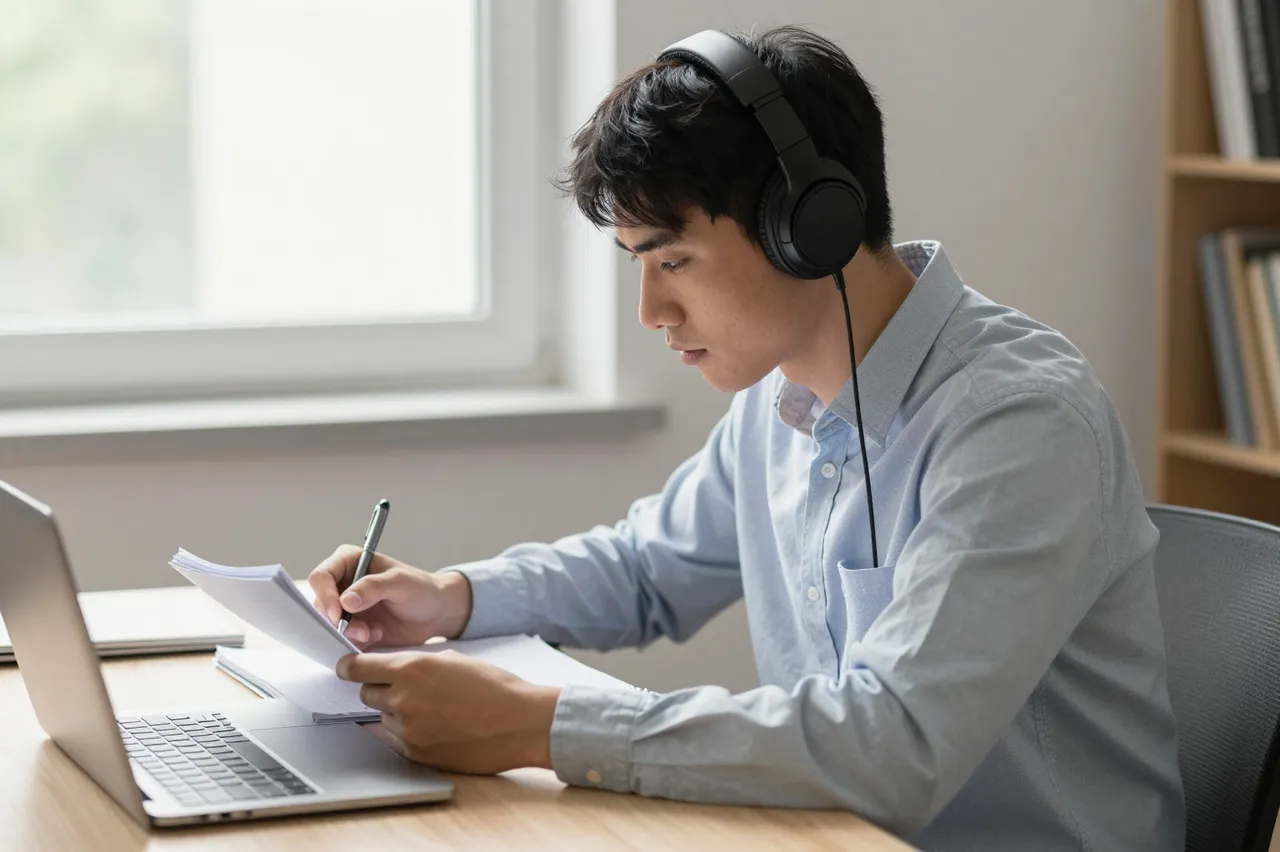 Side view of an adult man wearing headphones writing in a notebook at a desk by a window