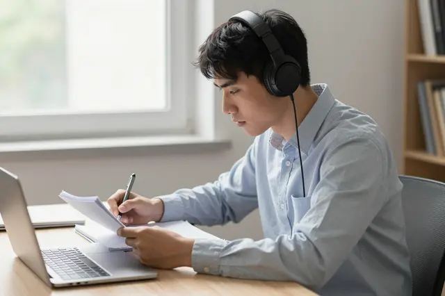 Side view of an adult man wearing headphones writing in a notebook at a desk by a window