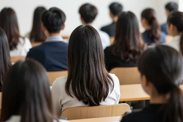 Rear view of adult students seated in rows facing the front of a lecture hall