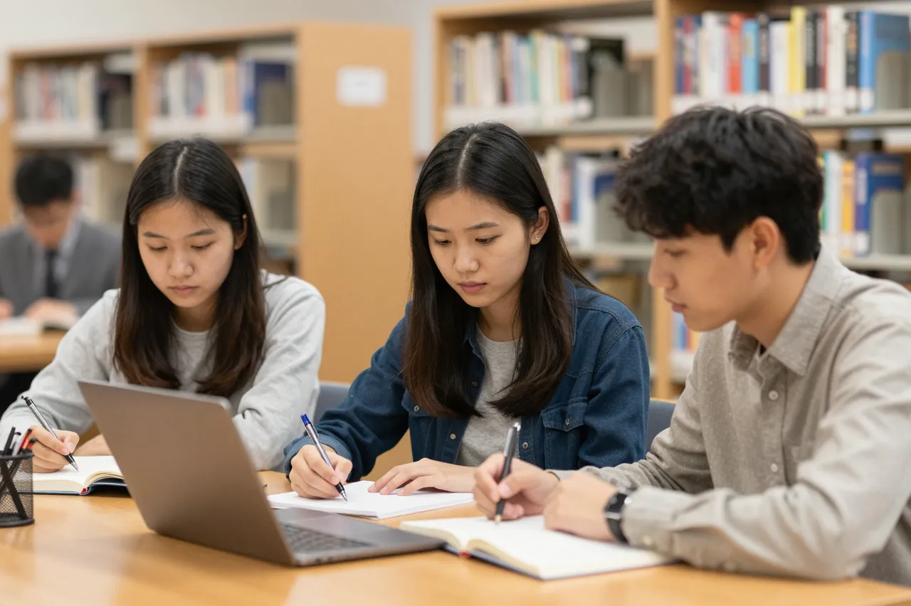 Three young adult students write in notebooks around a laptop at a library table with bookshelves in the background.