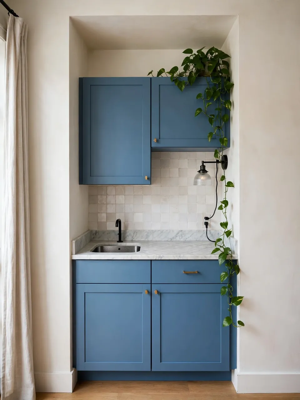 Built-in studio alcove kitchenette with blue cabinets, marble countertop, and trailing pothos plant
