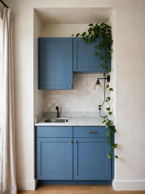 Built-in studio alcove kitchenette with blue cabinets, marble countertop, and trailing pothos plant