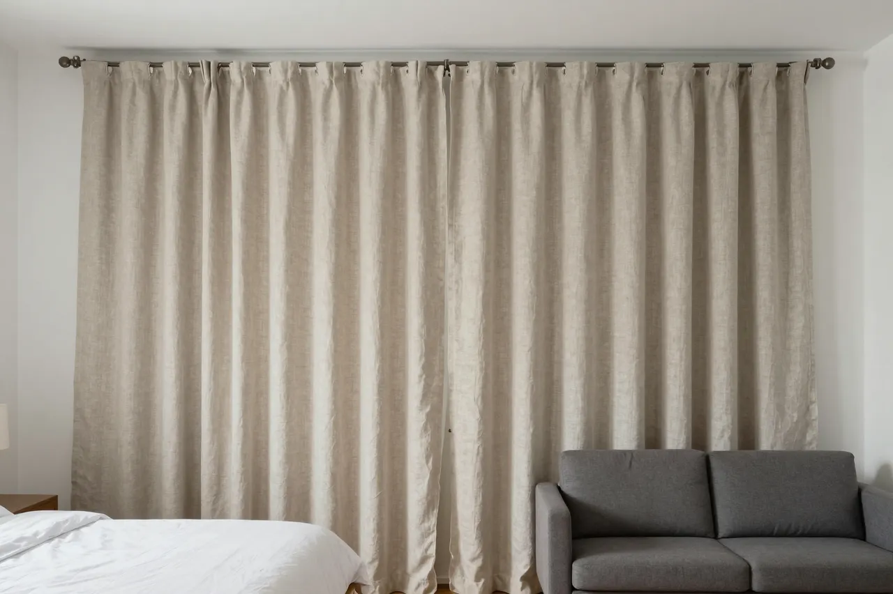 A linen ceiling track curtain separates a bed with white linens from a small gray sofa in a bright studio apartment.