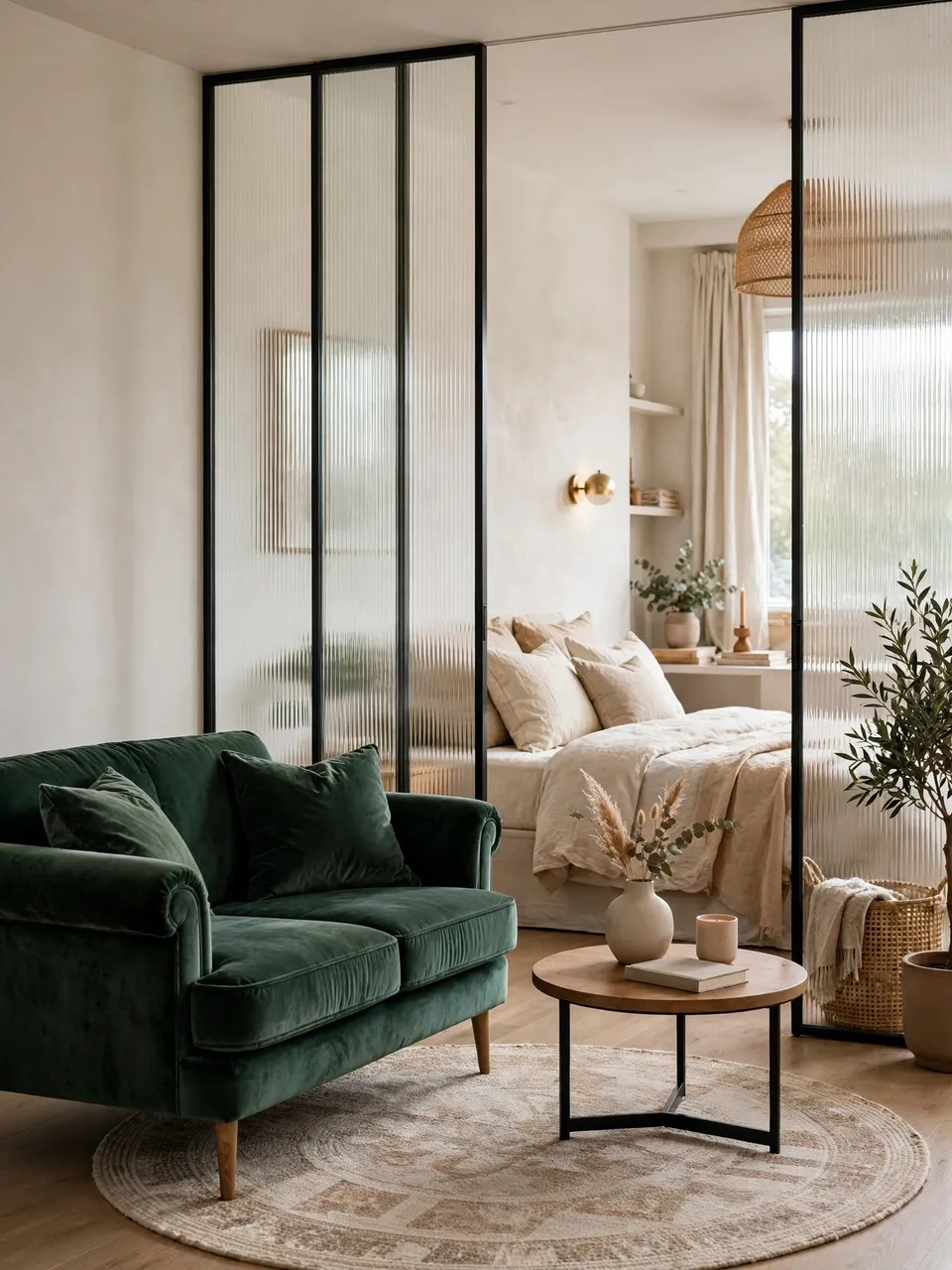 Cozy studio apartment with reeded glass partition separating living area from bed nook