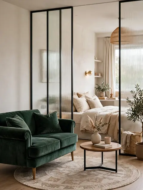 Cozy studio apartment with reeded glass partition separating living area from bed nook