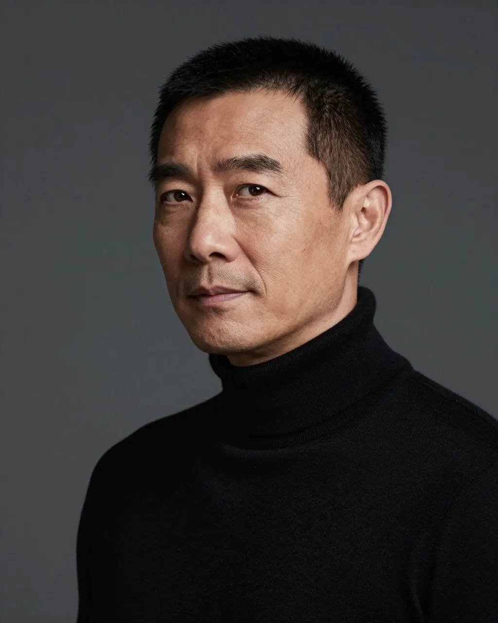 Low-key studio headshot of a man in a black turtleneck against a charcoal gray backdrop