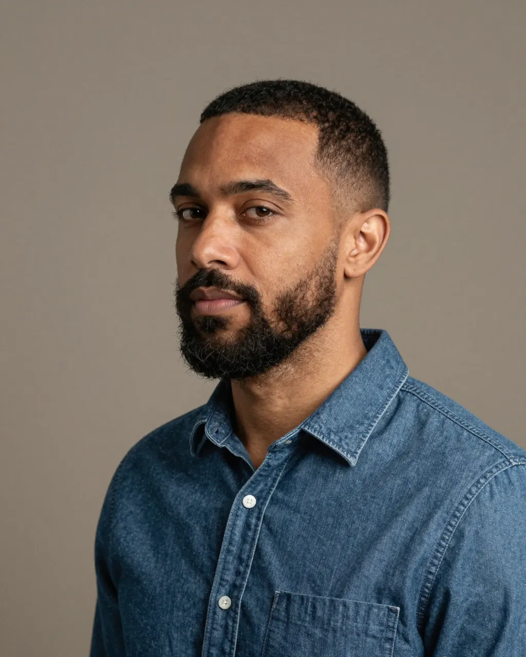 Mixed-race man in his thirties with a short beard poses in a denim shirt against a warm gray studio backdrop
