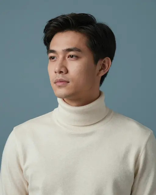 Headshot portrait of a late twenties Southeast Asian man in a cream turtleneck against a dusty blue studio backdrop