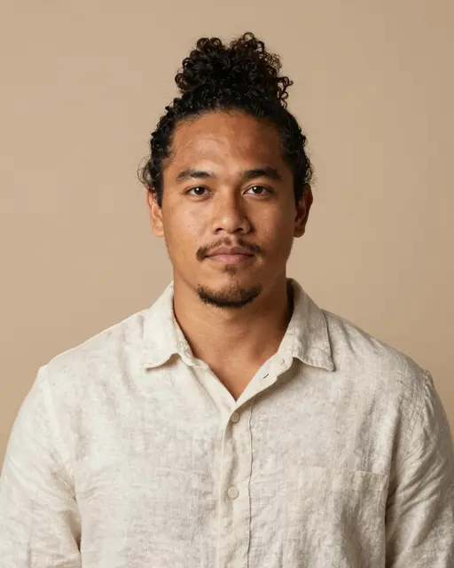 Headshot of a late twenties Pacific Islander man with a curly top knot looking directly at the camera against a sand-colored