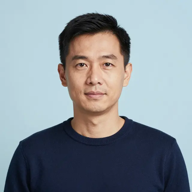 Headshot of a middle-aged Southeast Asian man in a navy sweater against a pale blue studio backdrop