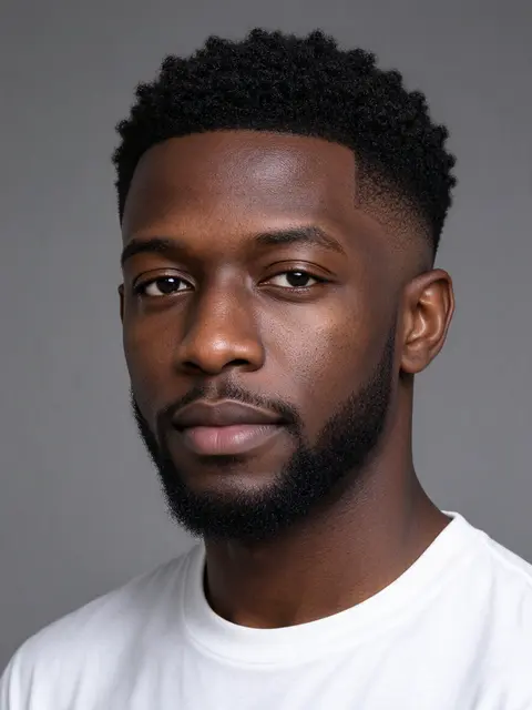 Studio headshot of a Black man in his thirties with a low taper fade wearing a plain white t-shirt against a gray background