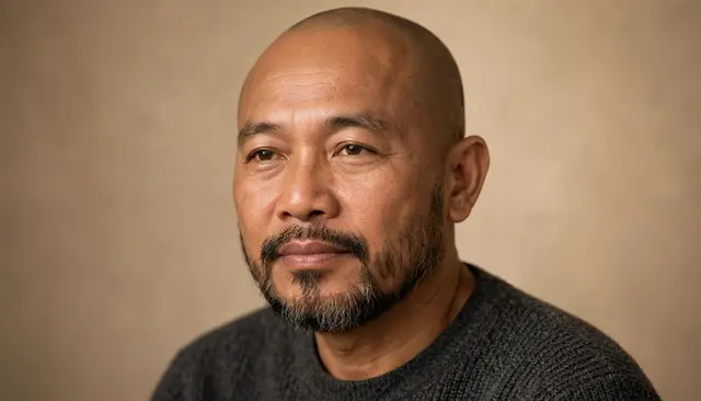 Bust portrait of a shaved head mature Southeast Asian man with a groomed beard against a soft tan background in warm studio