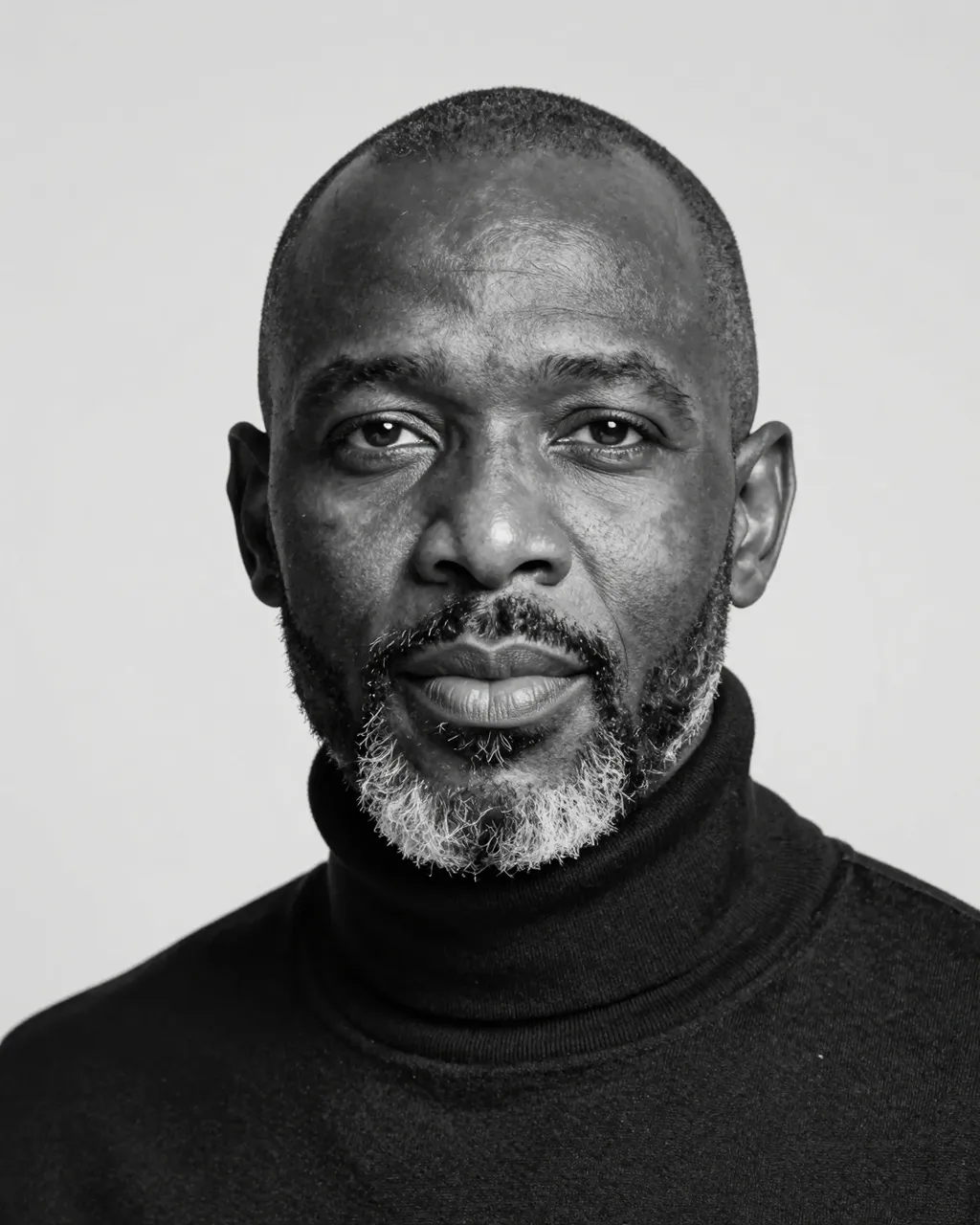 Black and white studio headshot of a middle aged Black man with a shaved head, salt-and-pepper beard, and dark turtleneck
