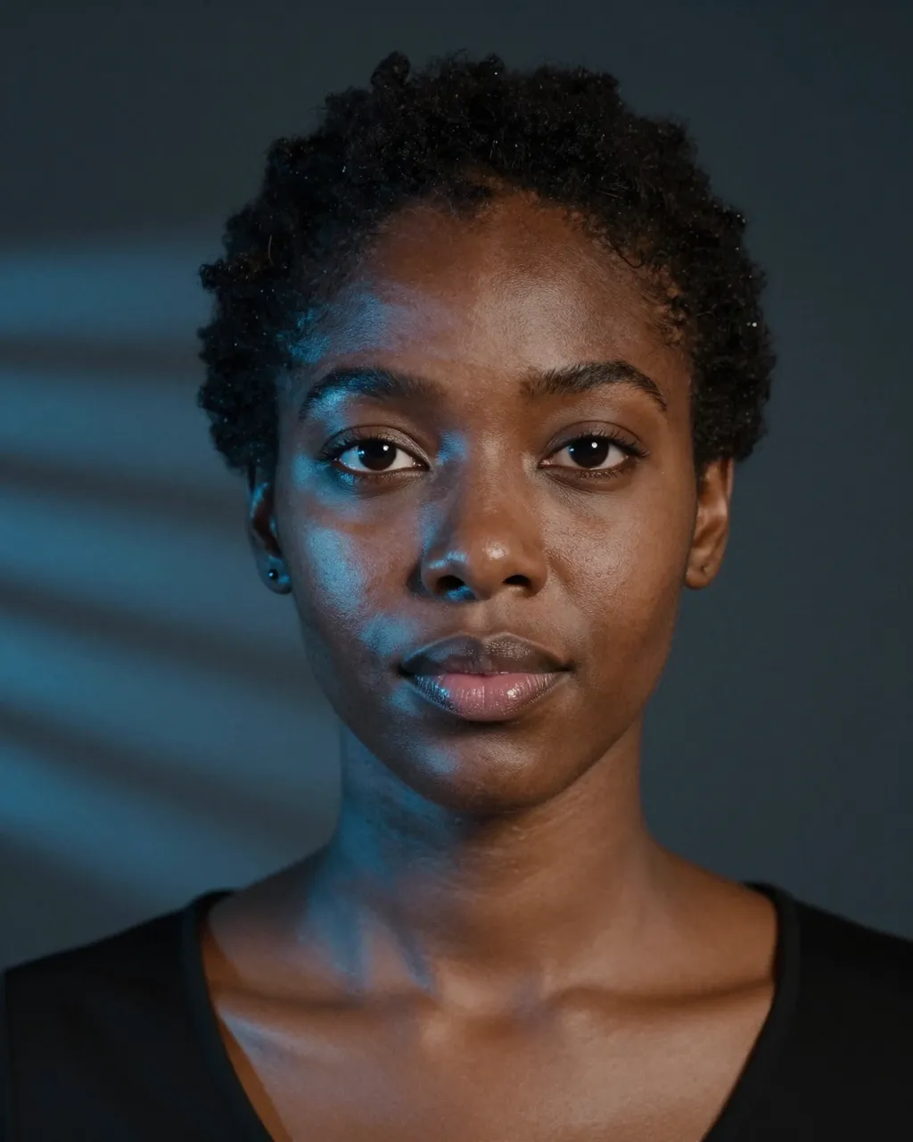 Close-up portrait of a Black woman in her thirties with soft projected blue light across her face in a dark studio