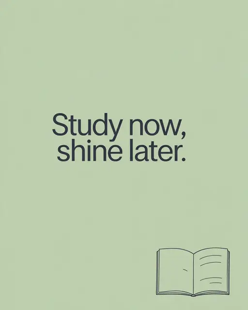 Motivational quote "Study now, shine later." with a small line drawing of an open notebook on a soft sage green background