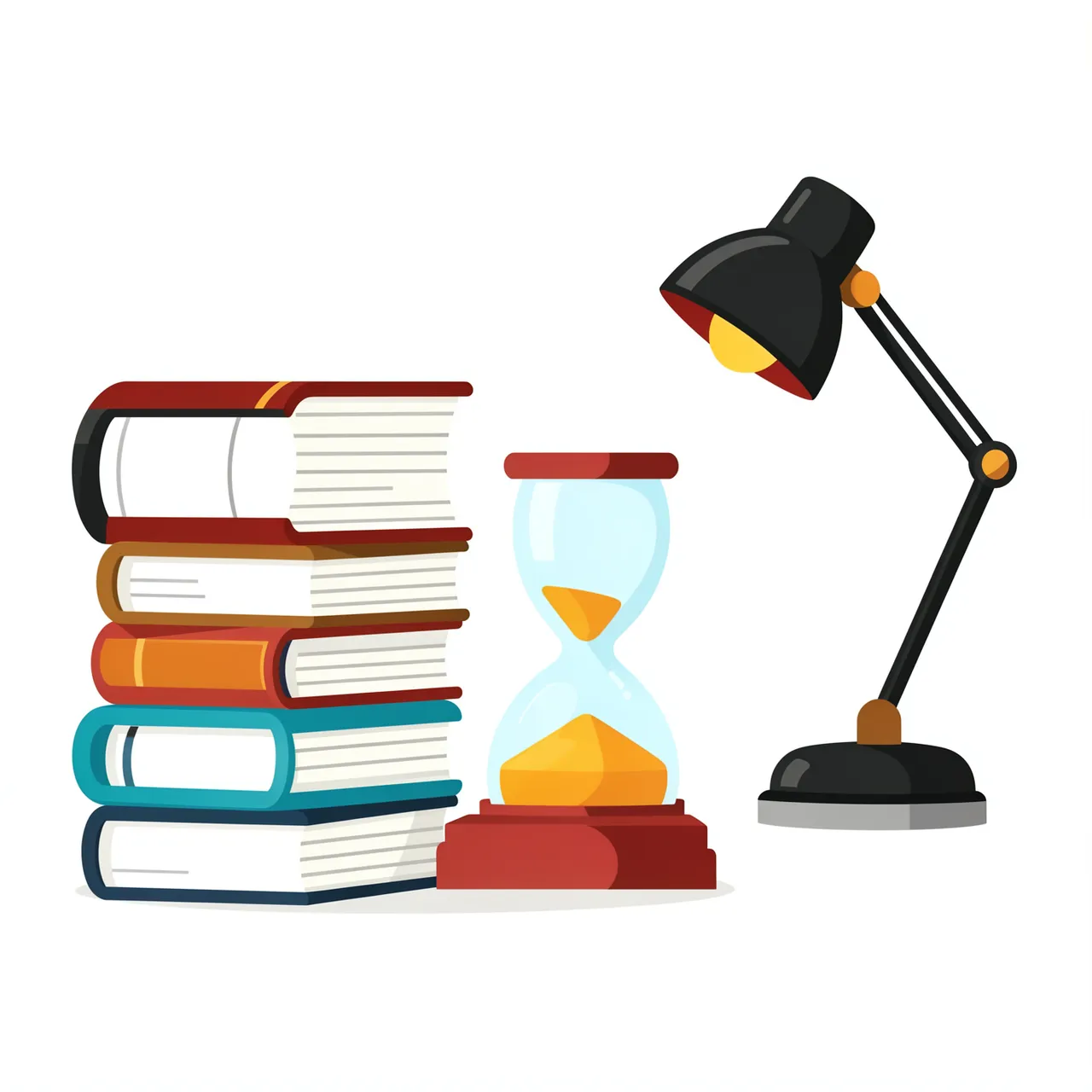 A flat vector illustration shows a stack of books, hourglass, and desk lamp on a plain white background.