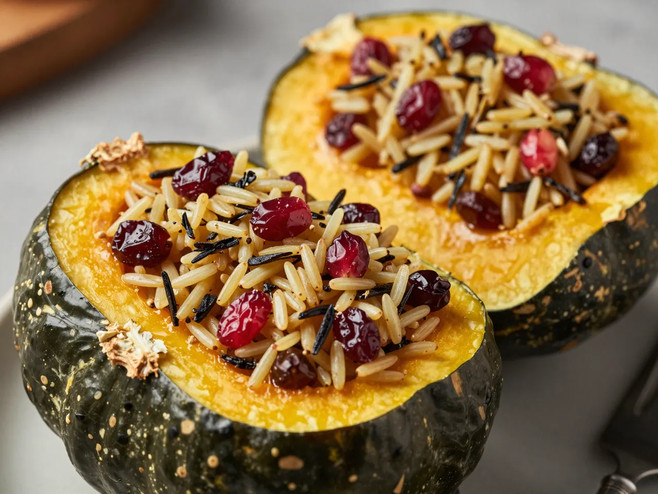 Two roasted acorn squash halves filled with wild rice and glossy cranberries rest on a neutral serving surface.