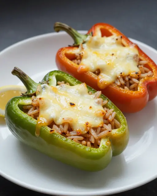 Baked green and red bell peppers stuffed with rice and melted cheese sit on a white plate with a lemon wedge.
