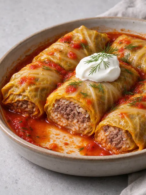 Cabbage rolls stuffed with beef and rice sit in tomato sauce topped with sour cream and fresh dill in a ceramic baking dish.