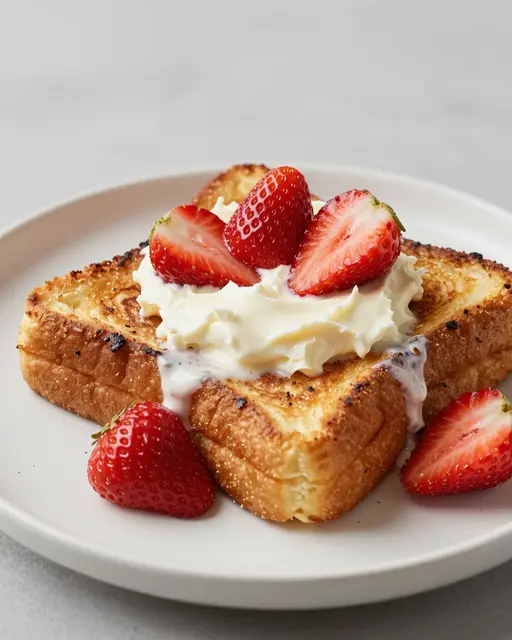 Golden stuffed french toast topped with cream cheese and fresh strawberries on a white plate.