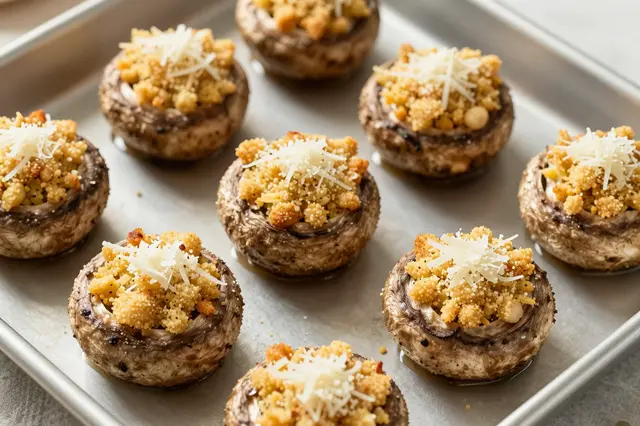 Prepared stuffed mushrooms topped with breadcrumbs and parmesan arranged on a metal baking tray.