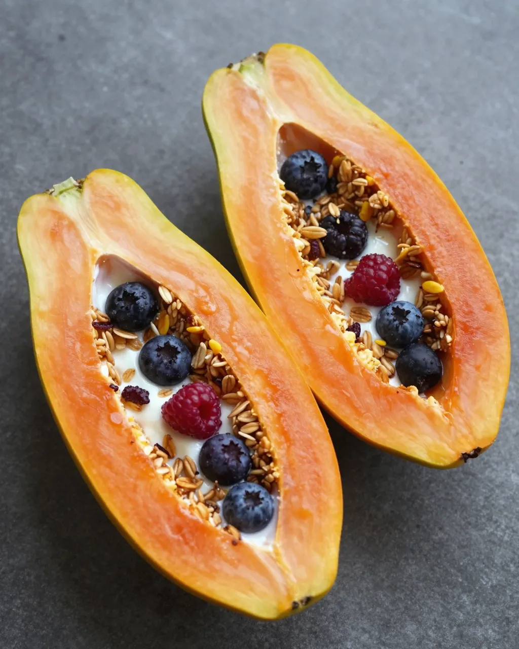 Top-down view of two papaya halves filled with yogurt, granola, and fresh berries on a gray stone surface