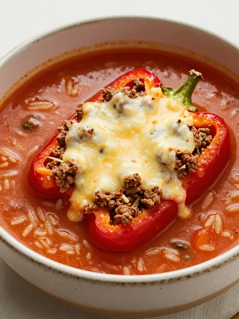 Rustic bowl of tomato based stuffed pepper soup topped with melted cheese and ground beef