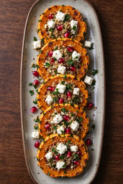 Overhead view of a long ceramic platter holding roasted delicata squash rings stuffed with quinoa, feta, pomegranate and