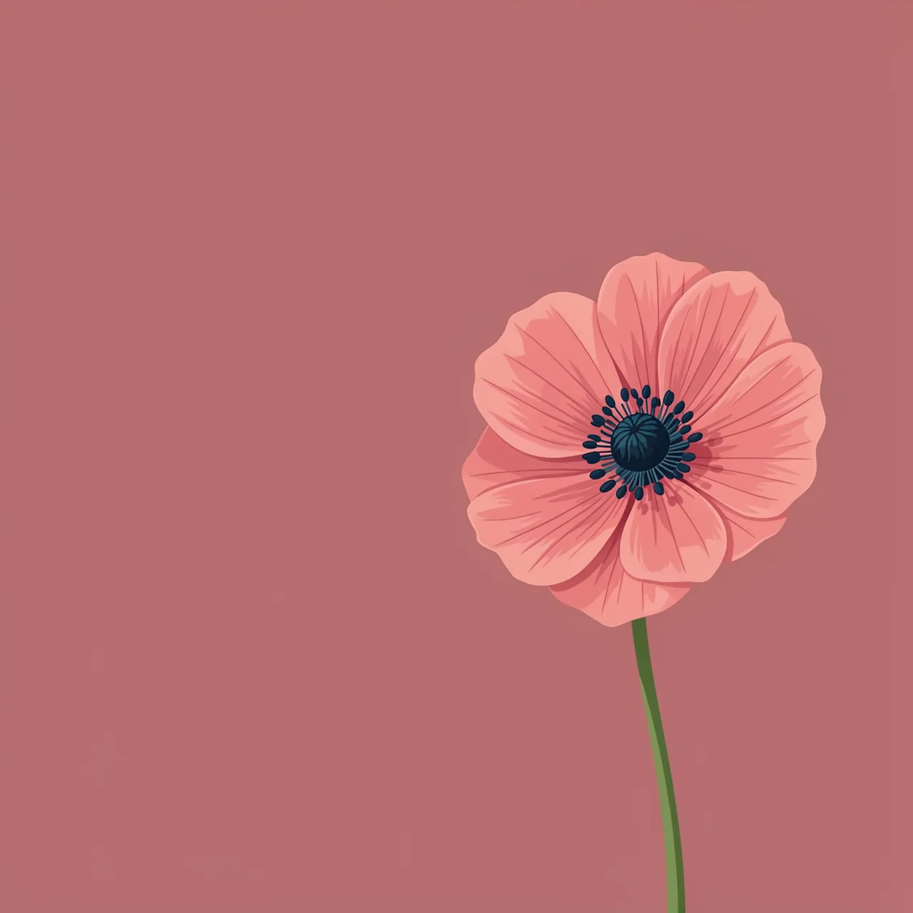A single stylized pink anemone flower sits on the right of a solid dusty rose background with empty left copy space
