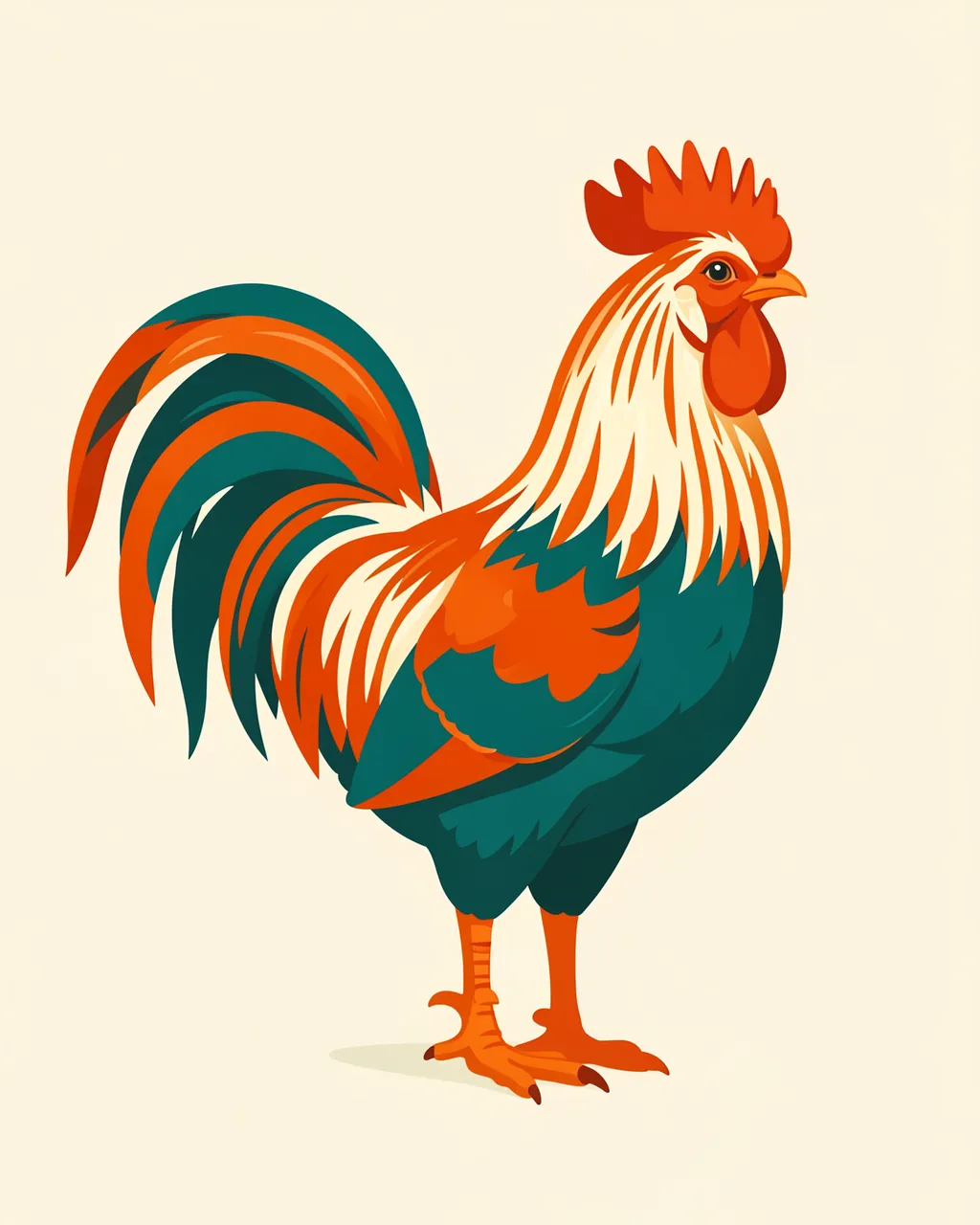 A stylized retro illustration of a standing rooster with orange, teal and cream plumage on a pale background