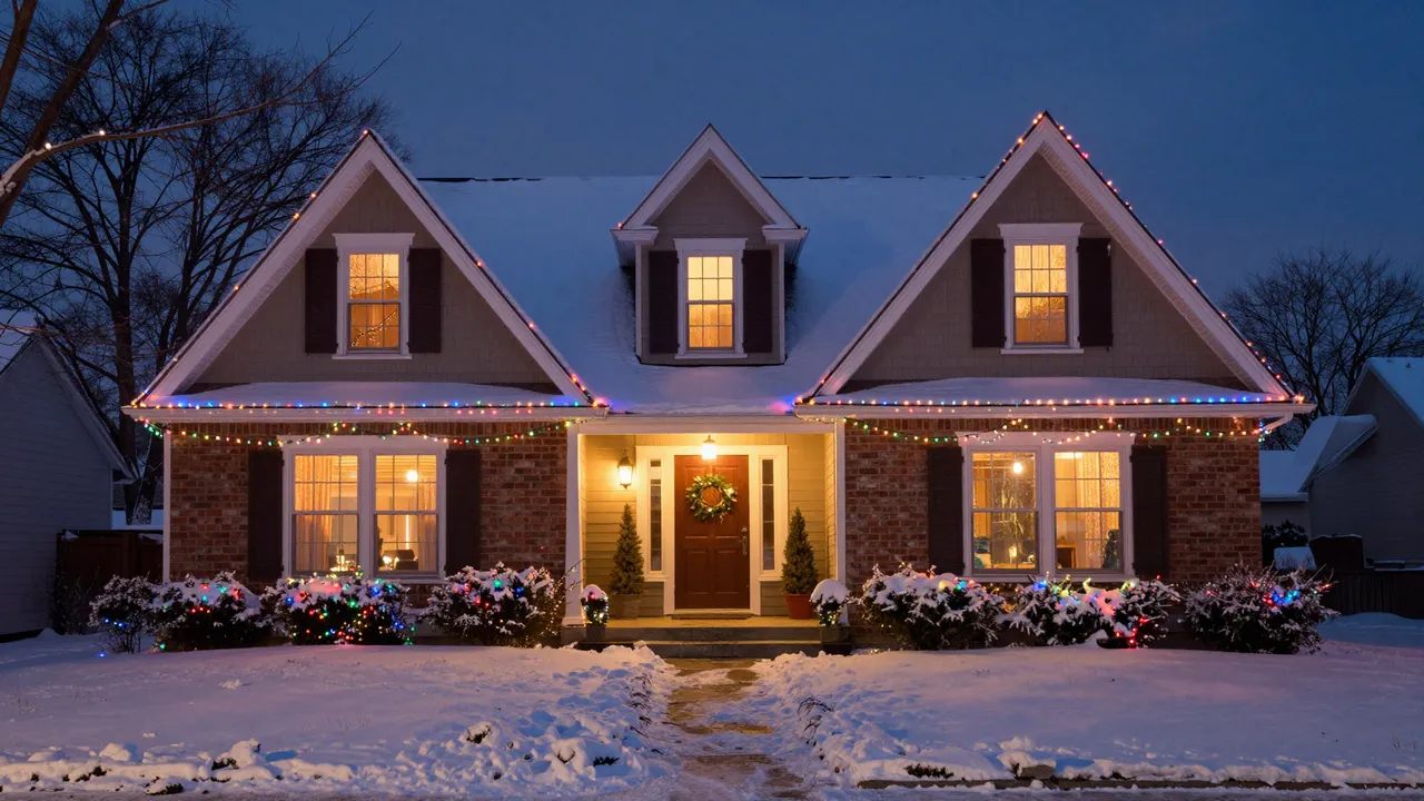 A snow-covered suburban home glows with colorful Christmas lights on a dark winter night