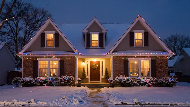 A snow-covered suburban home glows with colorful Christmas lights on a dark winter night