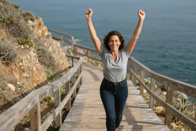 A woman in her forties raises her arms in celebration while standing on a wooden cliffside staircase overlooking the ocean