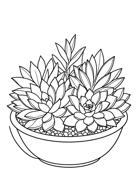 Clean black line art of a succulent arrangement in a shallow bowl on a plain white background