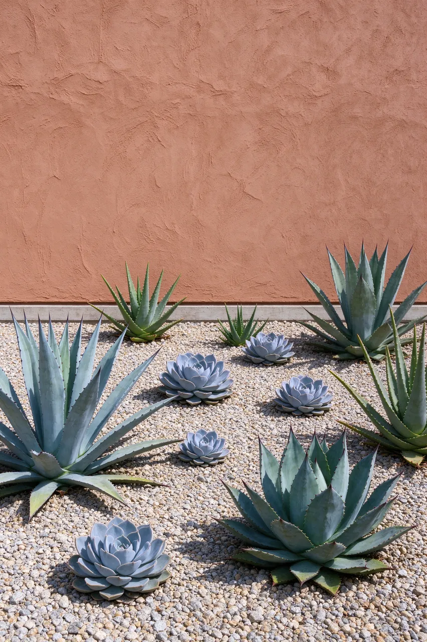 Agave, echeveria and aloe succulents grow in a gravel bed below a terracotta stucco wall.