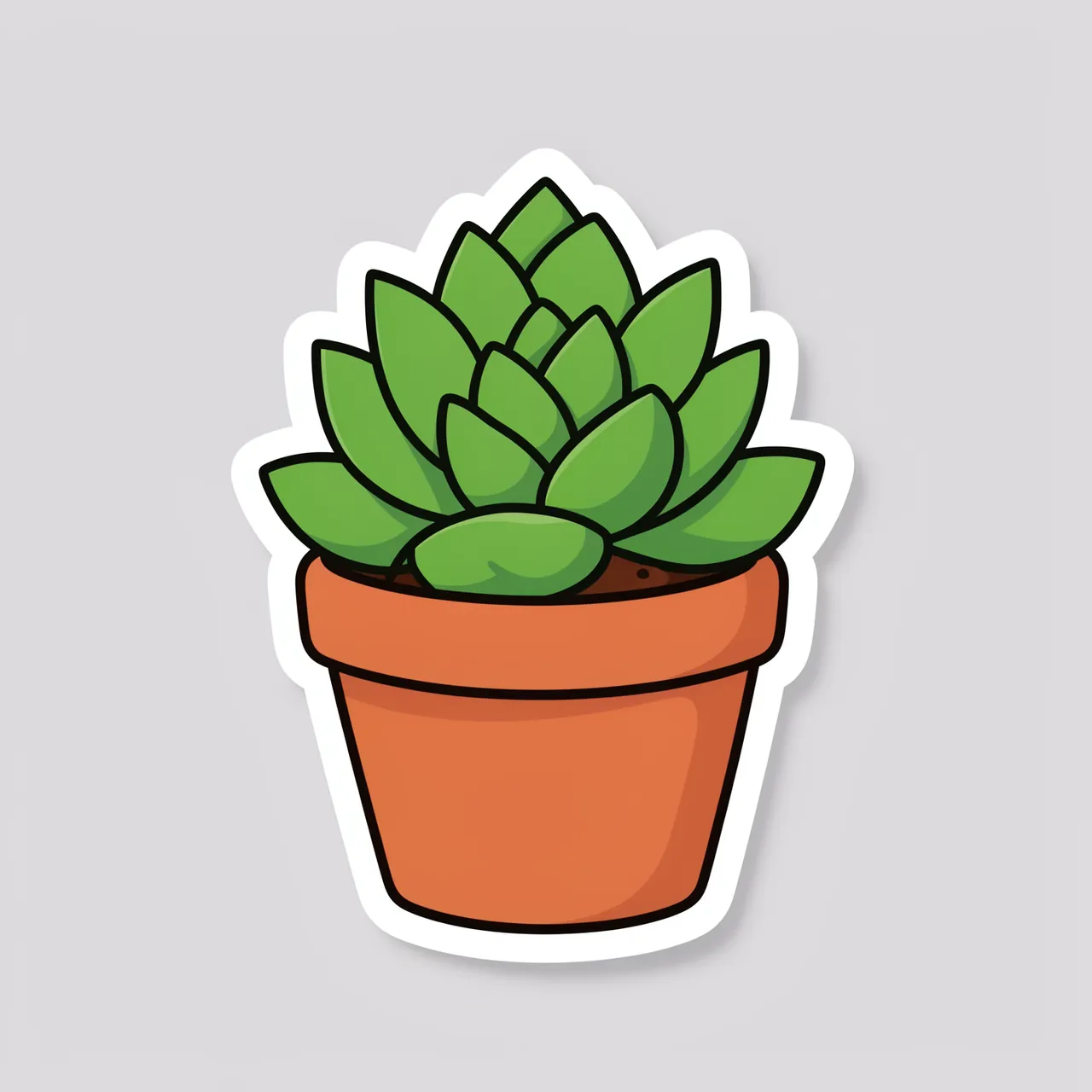 Cute flat illustration sticker of a chubby succulent in a clay pot with a thick white border on a light gray background