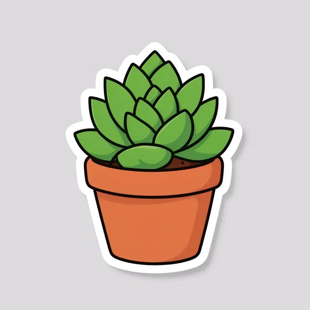 Cute flat illustration sticker of a chubby succulent in a clay pot with a thick white border on a light gray background