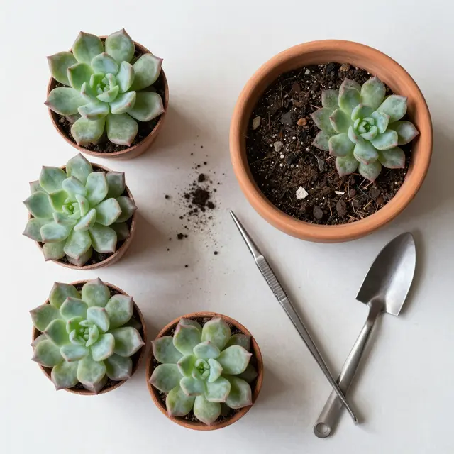 Top down view of potted succulents, terracotta pots, soil, and gardening tools on a light neutral surface