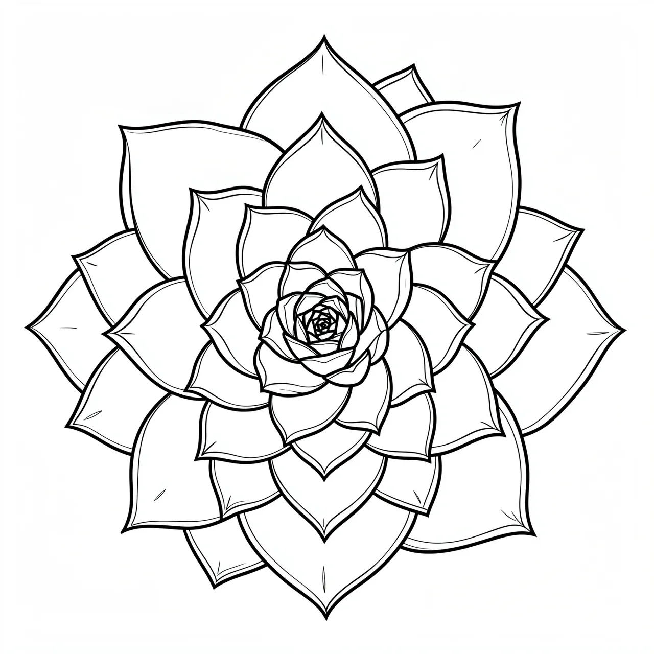 Top-down black and white line art of an intricate succulent rosette on a plain white background