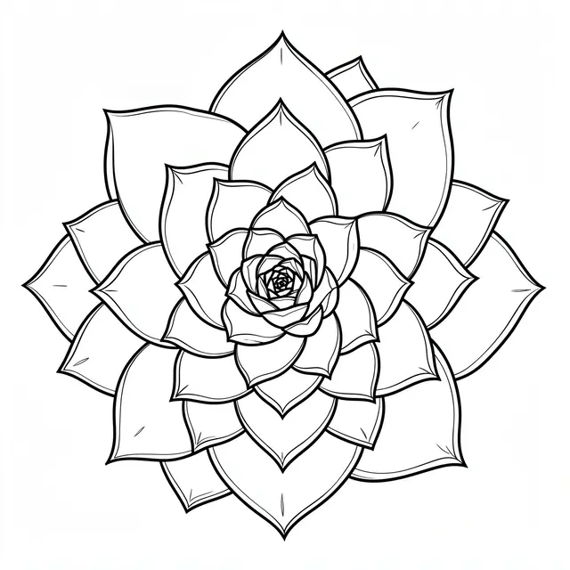 Top-down black and white line art of an intricate succulent rosette on a plain white background