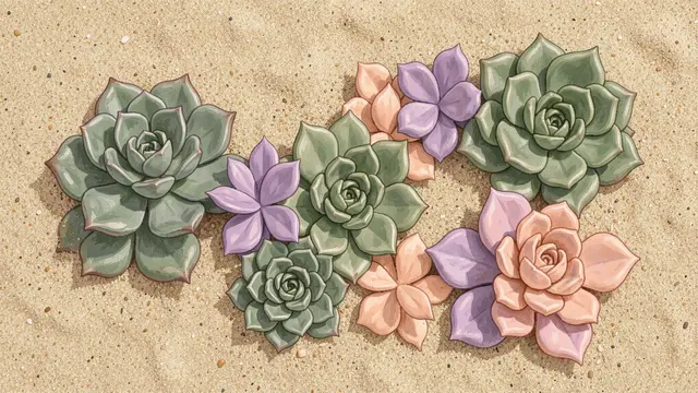 Hand-painted succulent rosettes in dusty green, lilac and peach arranged across light tan sand.