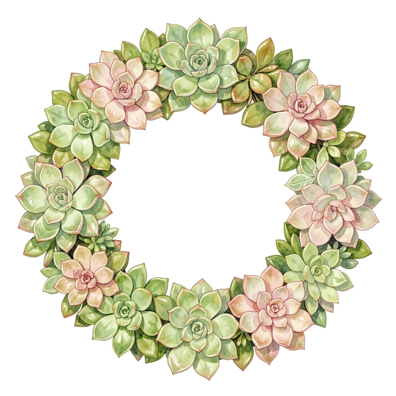 A circular watercolor wreath of echeveria, jade and sedum succulents on a plain white background
