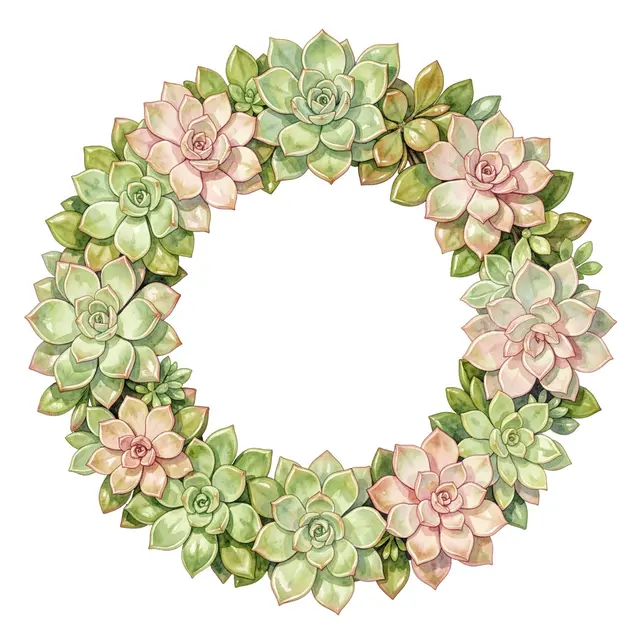 A circular watercolor wreath of echeveria, jade and sedum succulents on a plain white background